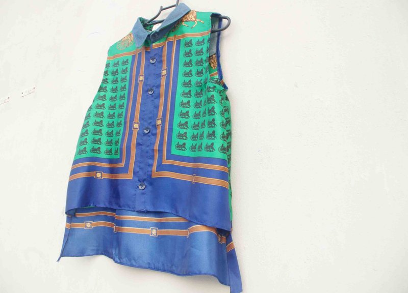 4.5studio-独立手作by FU- 马匹循环丝巾印花X丹宁牛仔 无袖衬衫 - 女装衬衫 - 其他材质 绿色