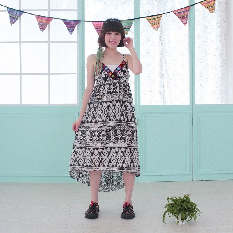 ❁saibaba ethnique// 几何图腾蝴蝶结铃铛洋装❁ - 洋装/连衣裙 - 其他材质 黑色