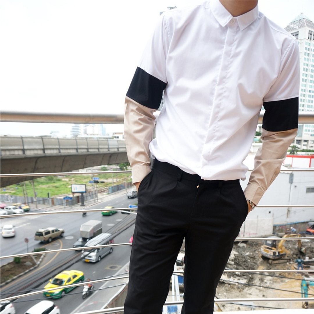 'Walter' Color Block Shirt (Khaki) - 男装衬衫 - 其他材质 白色