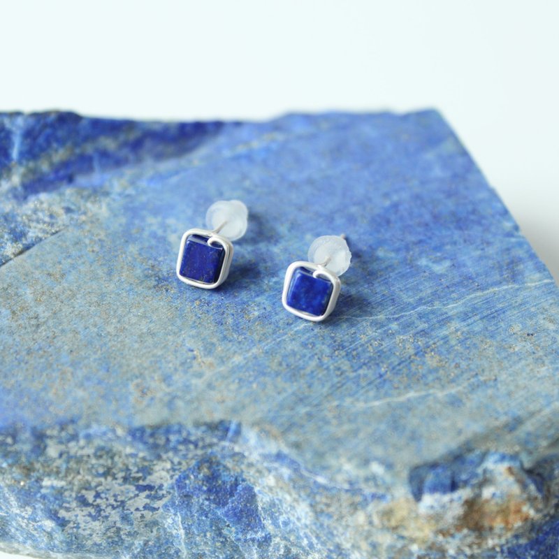 9月诞生石-Lapis Lazul青金石小方纯银耳针耳环i ラピスラズリ▲ - 耳环/耳夹 - 宝石 蓝色