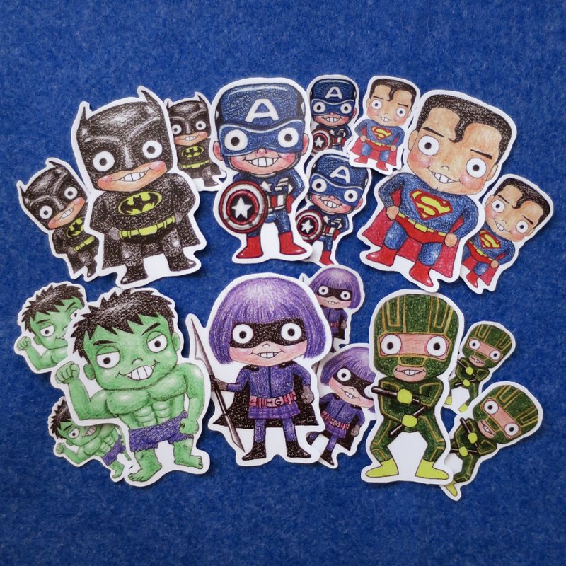 色铅笔手绘傻呼呼公仔娃娃系列防水贴纸〜电影明星套组(英雄版)18入 - 贴纸 - 纸 多色