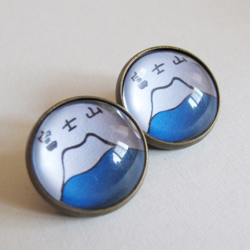 圆形耳夹耳针 - FUJI 富士山汉字版 - 耳环/耳夹 - 其他金属 蓝色
