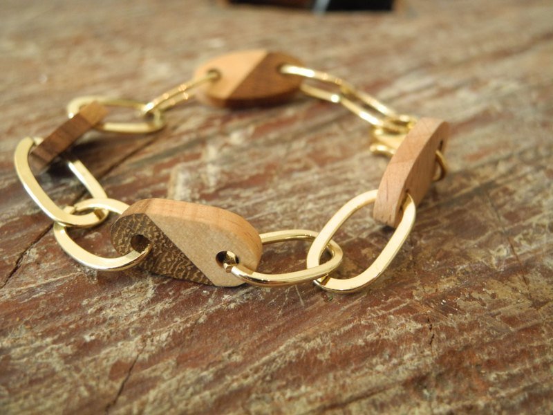 当木锁练遇上金锁链 / 手作手链 - 手链/手环 - 木头 咖啡色