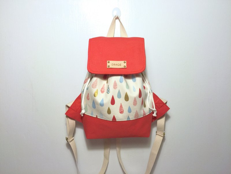 缤纷小雨滴遇上橘红后背包/赠送免费打印名字皮标 - 束口袋双肩包 - 其他材质 红色