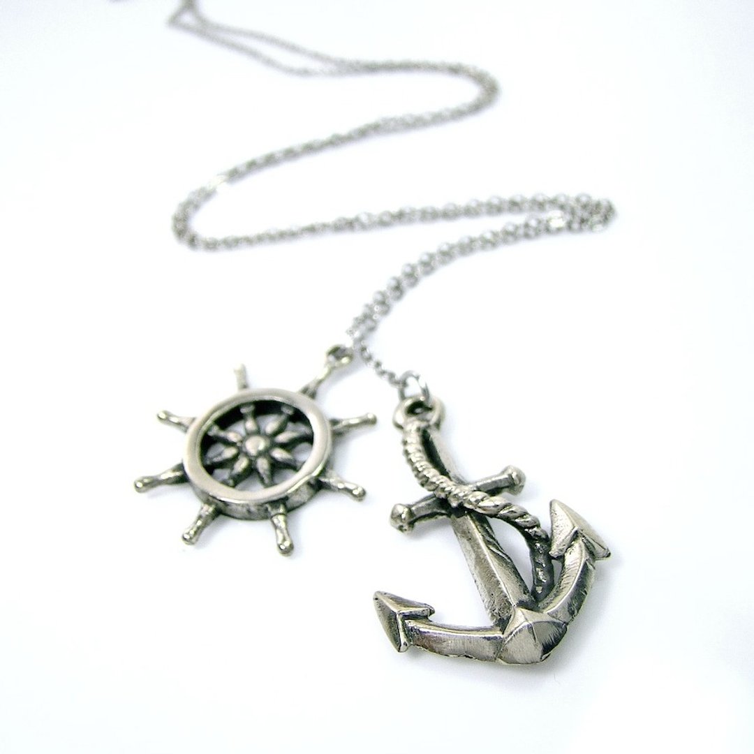 anchor and wheel pendant in white bronze,Rocker jewelry ,Skull jewelry,Biker jewelry - 项链 - 其他金属 