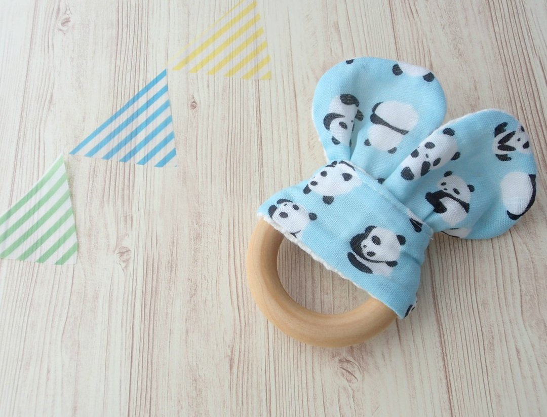 Wooden Teething Ring.Organic Wooden Ring,Handmade,Sensory Toy,Natural Maple Wood,Panda Bears on Sax Blue,Boy,Girl - 玩具/玩偶 - 木头 蓝色