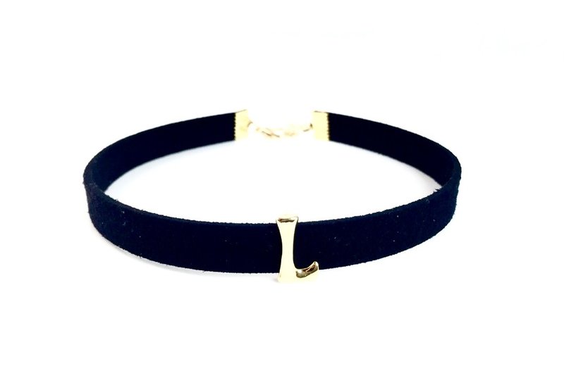 金色字母-黑色宽版麂皮颈链/定制化 - 项链 - 真皮 黑色