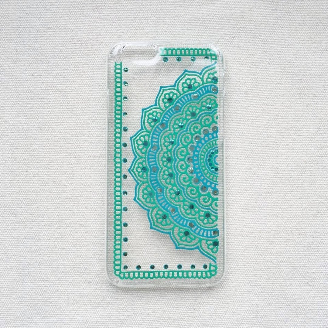 手绘透明手机壳 手机套 蓝绿色 草绿色 iPhone 7 6s Samsung Galaxy Sony LG Case Henna Mandala 汉娜 蔓蒂 曼陀罗 禅绕 民族 印度彩绘 - 手机壳/手机套 - 塑料 绿色