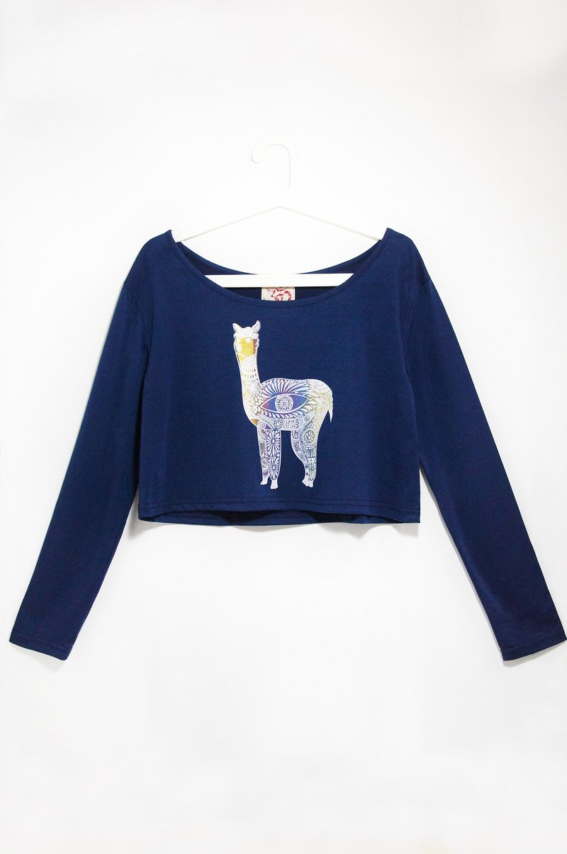 手感多层次短版长袖上衣 - 秘鲁羊驼 ( 深蓝 ) - 女装 T 恤 - 棉．麻 蓝色