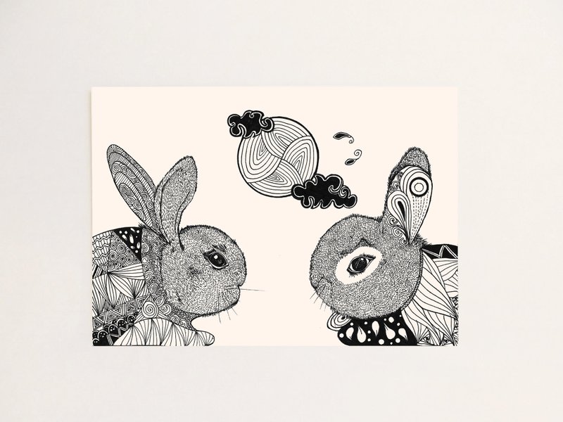 春花秋兔-中秋节手绘明信片 - 卡片/明信片 - 纸 黑色