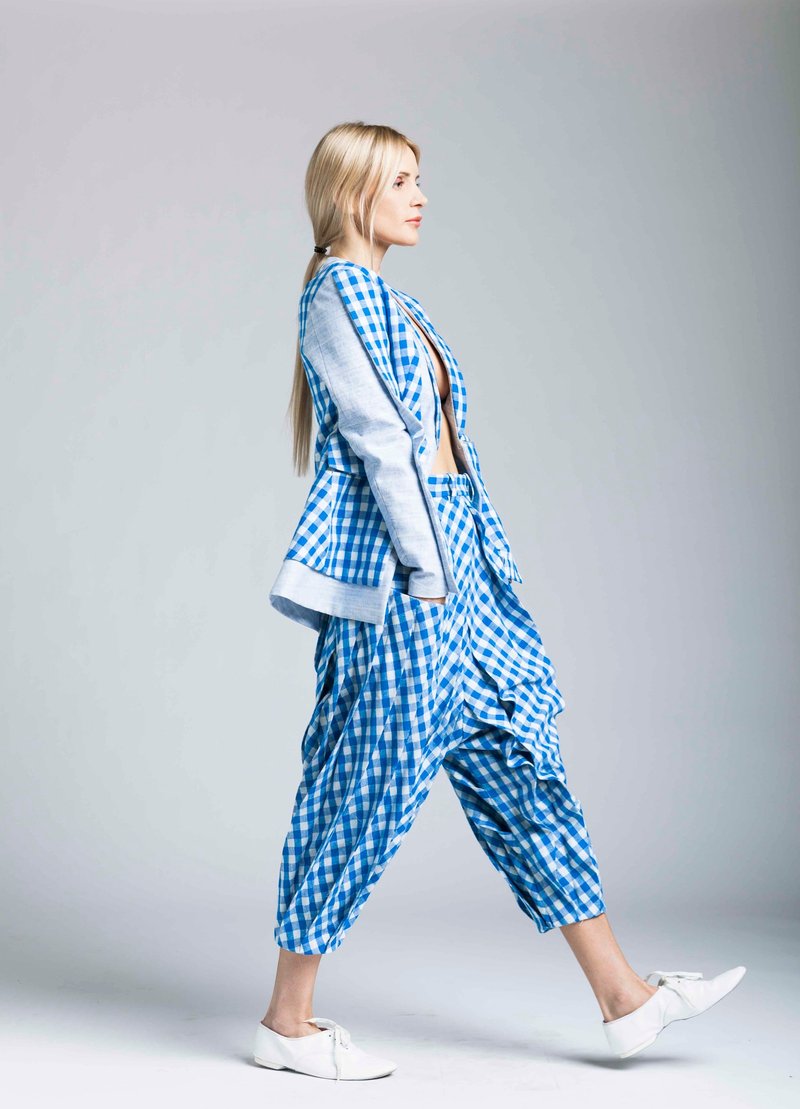 裤: 蓝白: 意大利制 - 女装长裤 - 棉．麻 蓝色