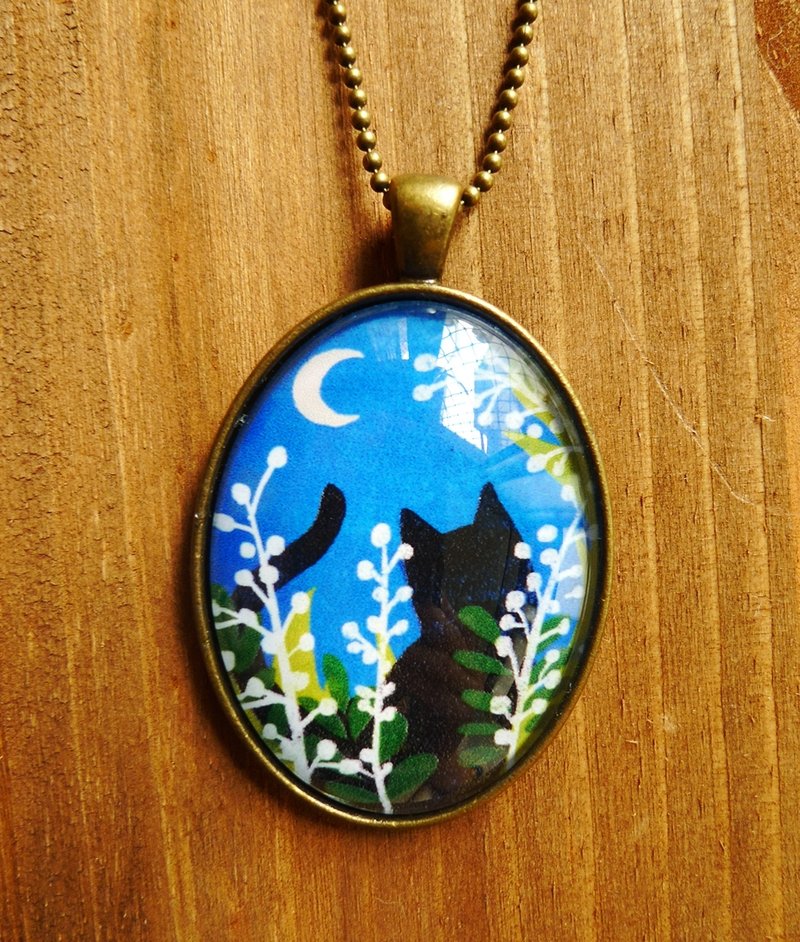 椭圆泡泡项炼-月下花与猫（蓝） - 项链 - 其他金属 蓝色