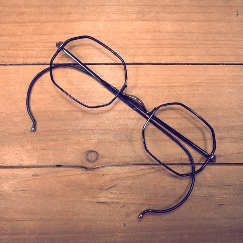 老骨头  早期 黑色后勾式 六角框 金属镜框 古董 vintage 古着E - 眼镜/眼镜框 - 其他金属 黑色