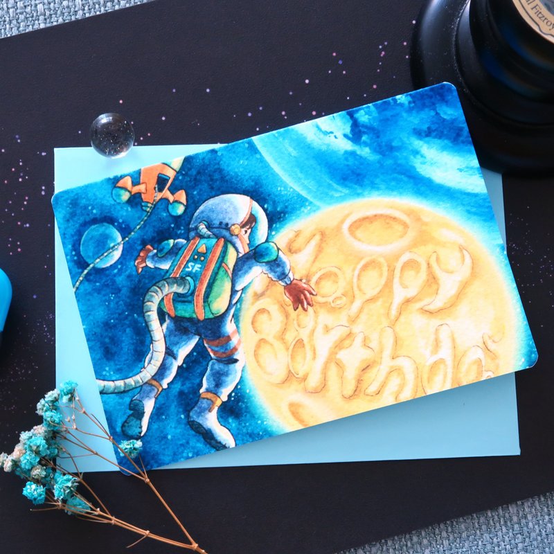 【Pin】月球背面 - 水彩插画生日卡 - 卡片/明信片 - 纸 蓝色