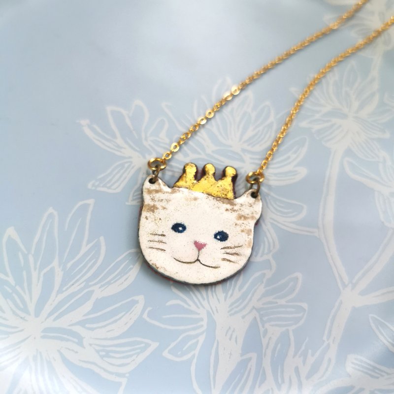 金色皇冠珐琅猫猫长链 - 项链 - 珐琅 黄色