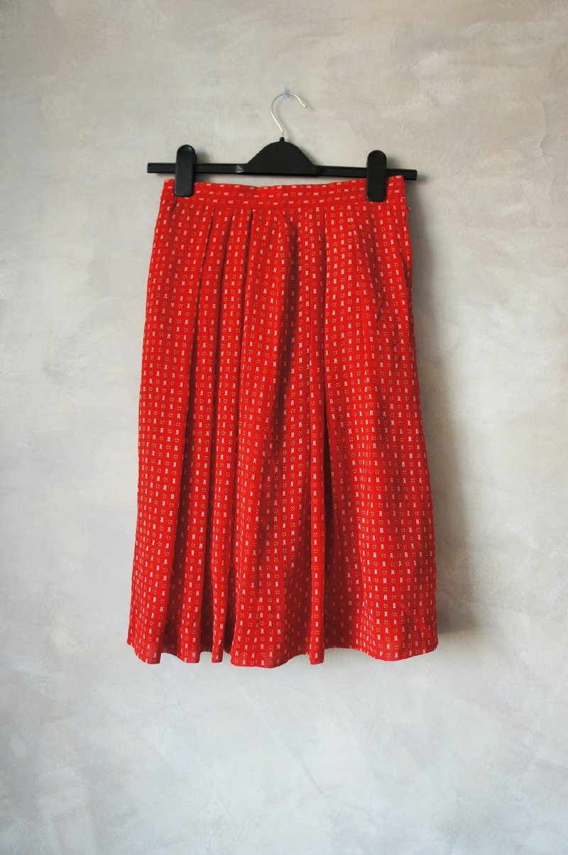 PdB 古着 大红雪纺纱 打褶中长裙 佐小花点 - 裙子 - 其他材质 红色