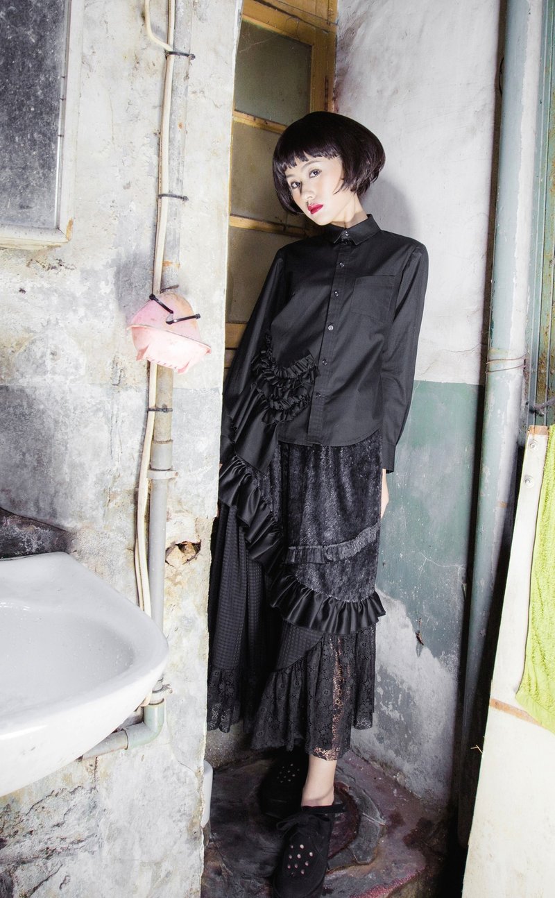 moi non plus 多层次细褶拼接长裙 - 裙子 - 其他材质 黑色