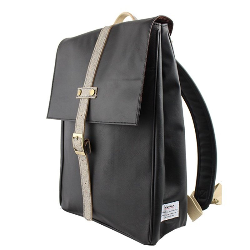 黑色中性皮革后背【am-0234-III】 - 后背包/双肩包 - 人造皮革 黑色