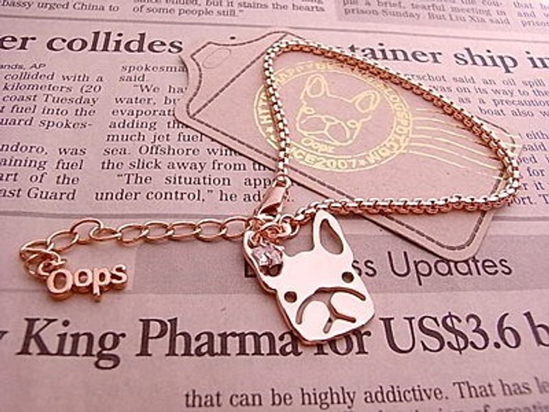 Oops 法斗头铜片玫瑰金手链-圣诞礼物- - 手链/手环 - 其他金属 粉红色