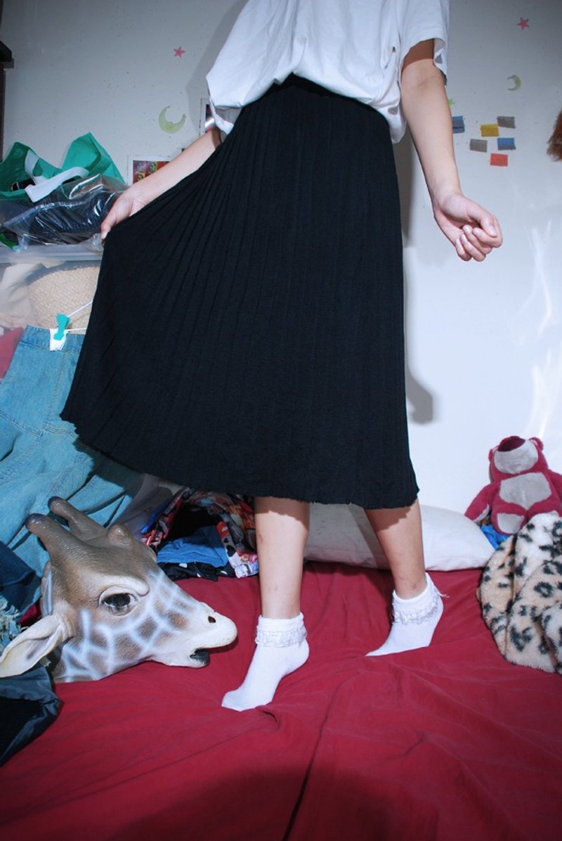 {:::Giraffe 长颈鹿人:::}_古着蓝黑色基本款宽毛尼百褶裙 - 女装长裤 - 其他材质 黑色