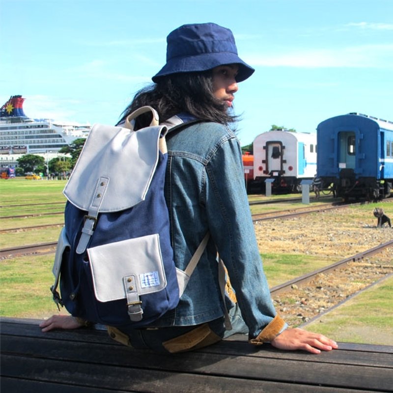 日系自然风蓝色后背包【am-0249】 - 后背包/双肩包 - 棉．麻 蓝色