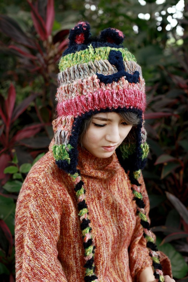 MR.STORE 彩虹色系笑脸小兔长辫毛线帽子 - 帽子 - 其他材质 多色