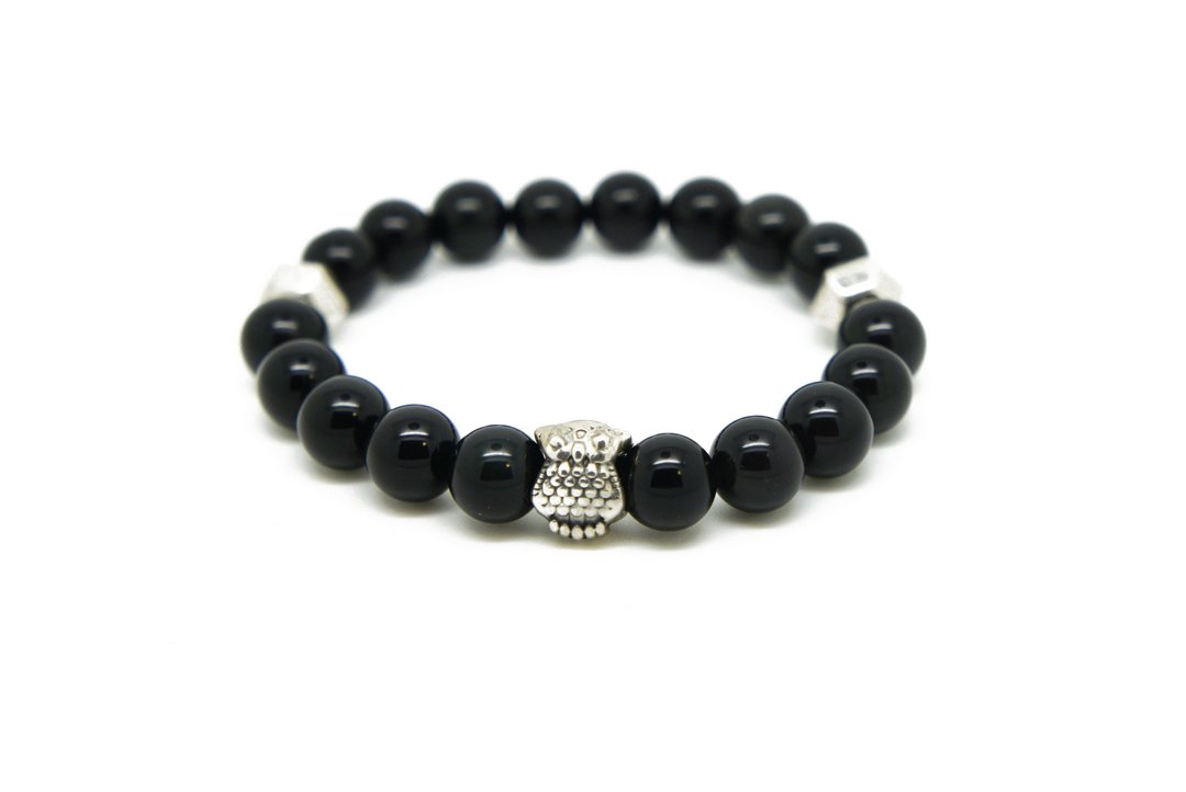 BLACK OWL：8°黑曜石中性纯银猫头鹰弹性手环 - 手链/手环 - 其他材质 黑色