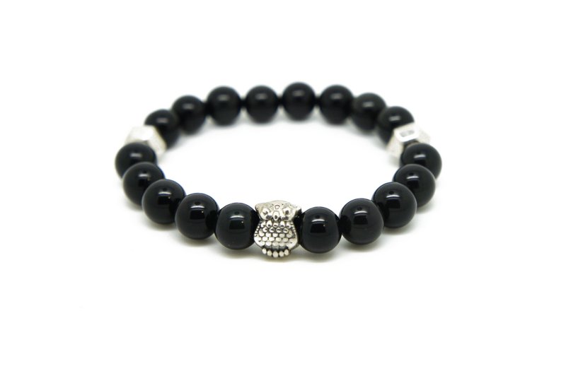 BLACK OWL：8°黑曜石中性纯银猫头鹰弹性手环 - 手链/手环 - 其他材质 黑色