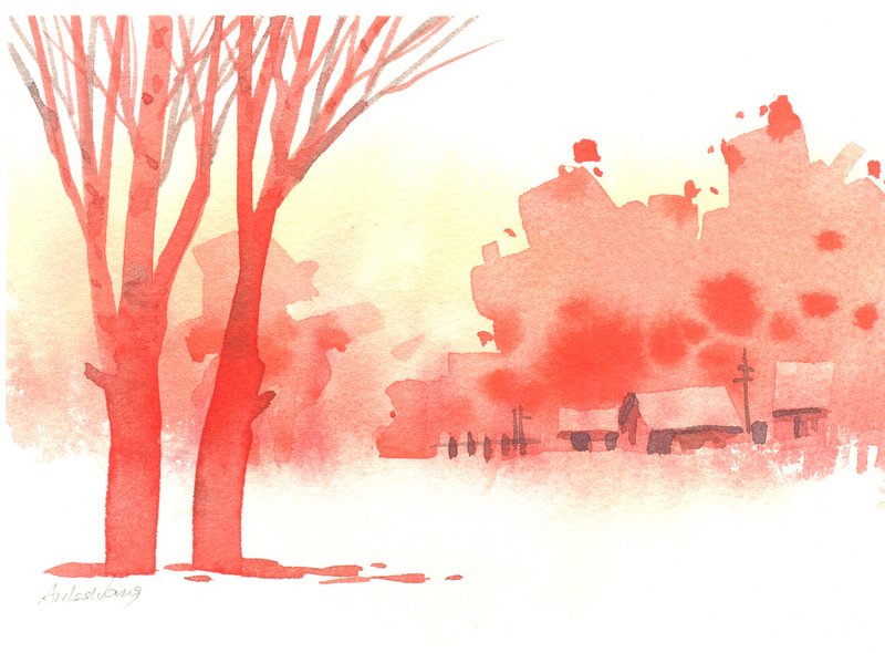 “疗愈系树林系列1-26”水彩手绘限量版明信片/贺卡 - 卡片/明信片 - 纸 红色