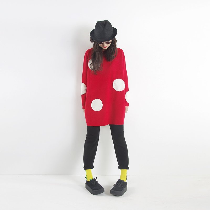 圆点红色羊毛衣中长版上衣 - imakokoni - 女装上衣 - 羊毛 红色