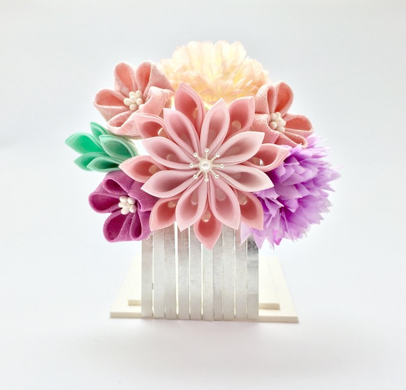 【若桑】春江 八重菊。日本つまみ细工发饰 日式布花。和风花簪。和服浴衣发饰 - 发饰 - 丝．绢 粉红色