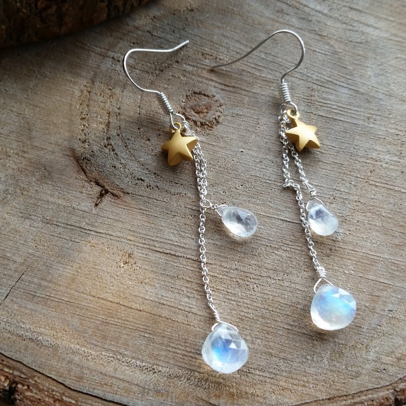 925 silver earring with moonstone and star l强蓝光玻璃体月光石/月亮石星星　　９２５纯银长耳环 - 耳环/耳夹 - 宝石 蓝色