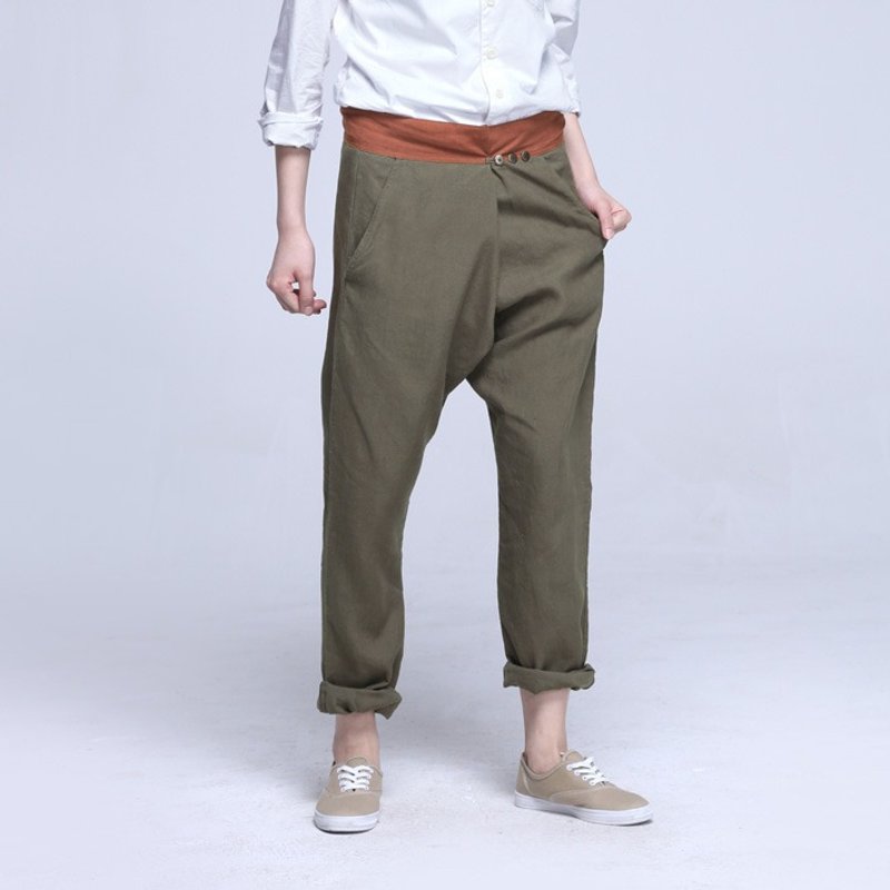 不服 古法腰頭棉質拼色錐型長褲  軍綠  P140401 - 旗袍 - 棉．麻 橘色