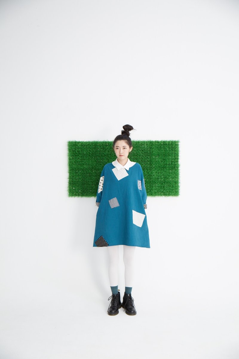 补丁双重纱洋装 - 洋装/连衣裙 - 其他材质 蓝色