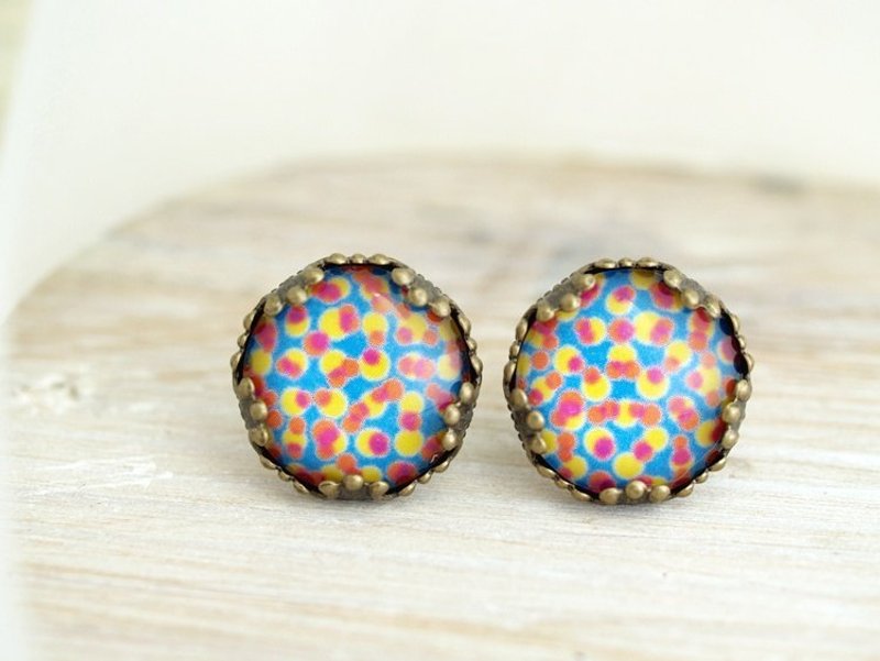 ♥订做小礼物♥ OldNew Lady-古铜色花边耳环-乱点款【蓝底粉黄点】 - 耳环/耳夹 - 玻璃 