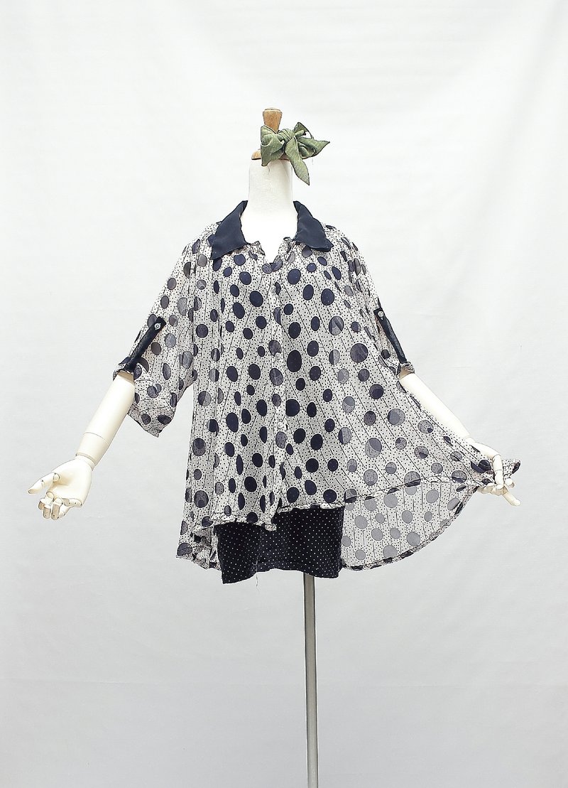 *包邮*点点与圈圈的相遇 ** 圆点 水玉点点 雪纺/反折袖/T恤 飞鼠袖 连袖 衬衫/ 休闲上衣 雪纺上衣 长版上衣可当七分袖//打样衣 - 女装 T 恤 - 其他材质 蓝色