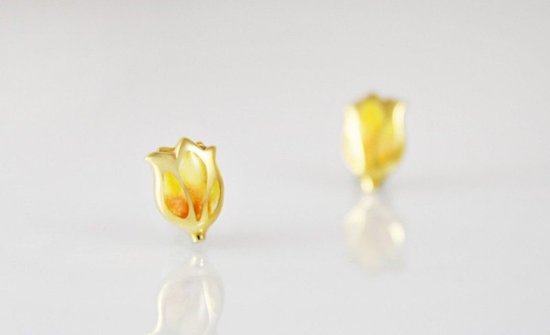 出清品 - 郁金香耳环-蜜色(单支) - 耳环/耳夹 - 其他金属 黄色