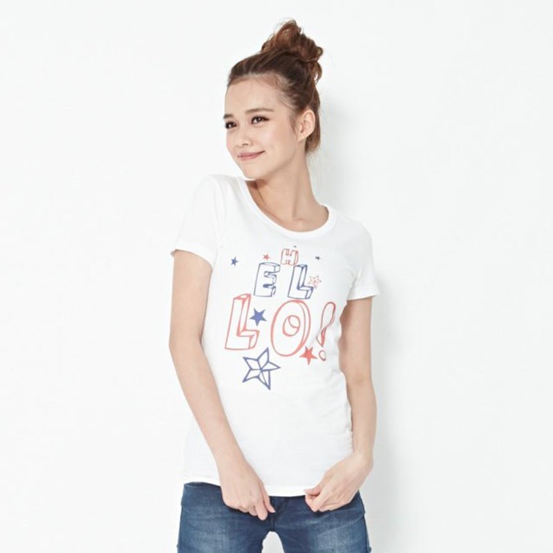 Hello 短袖 蜜桃棉 女T - 女装 T 恤 - 棉．麻 白色