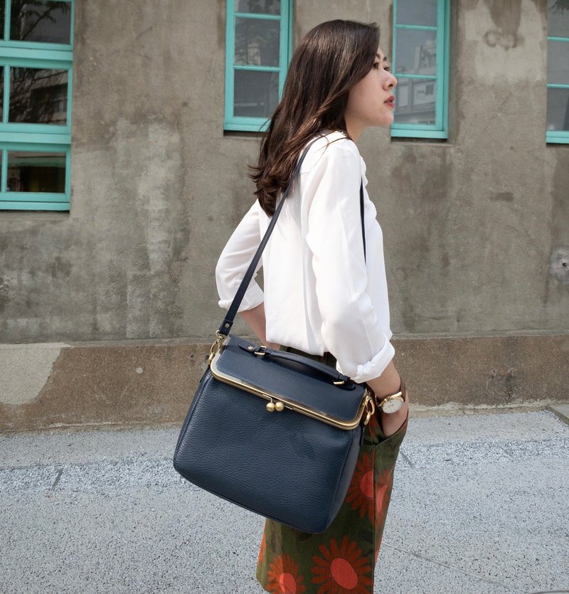 奥莉薇包-荔枝皮深蓝色 - 侧背包/斜挎包 - 真皮 蓝色