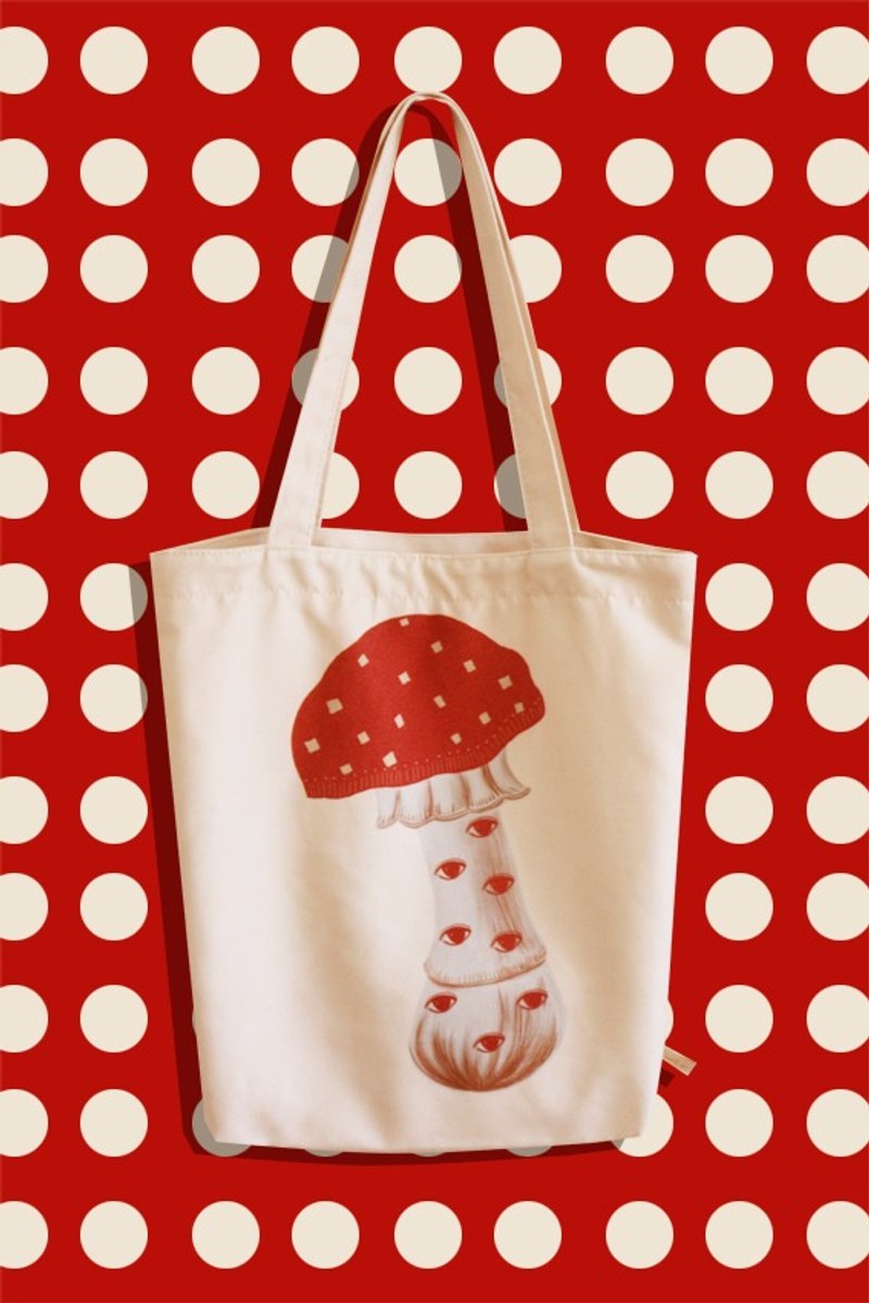 Lily Lily原创 复古潮流蘑菇印花趣味单肩帆布包购物袋杂物袋 - 侧背包/斜挎包 - 纸 白色