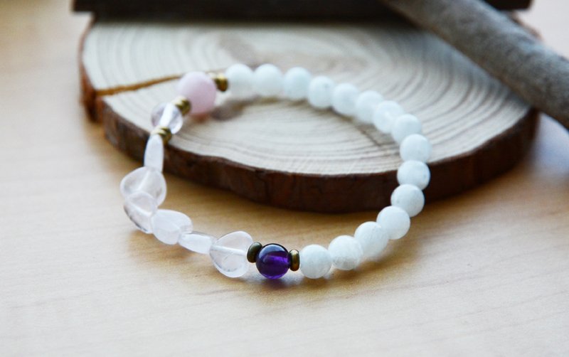 iLove：天然月光石紫水晶心形粉水晶紫玉芙蓉晶弹性手环 - 手链/手环 - 宝石 多色