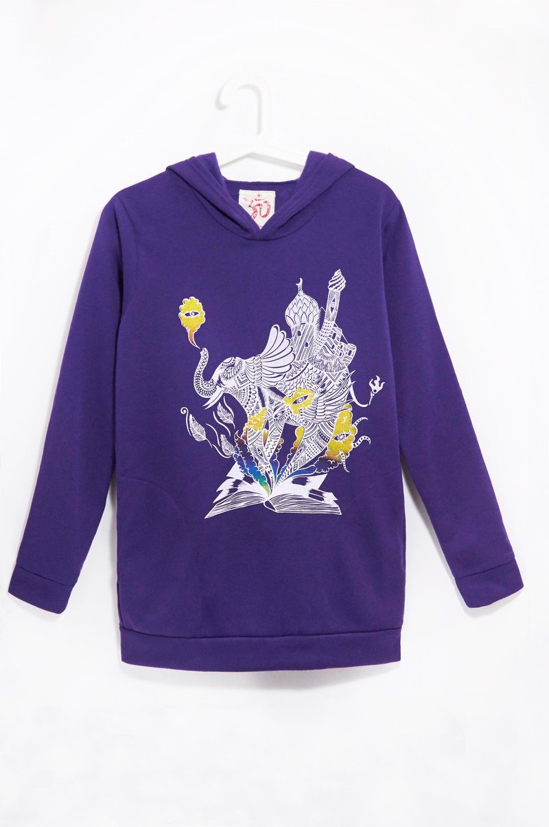 女装 手感连帽内刷毛长版上衣 保暖连帽上衣 卫衣-印度大象 紫色 - 中性连帽卫衣/T 恤 - 棉．麻 紫色