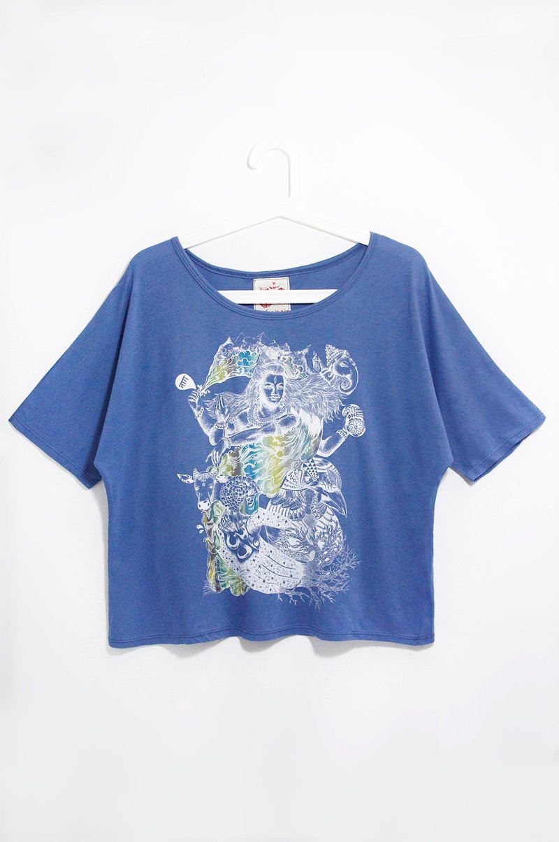 生日礼物 夏装女装手感短版上衣 / T-shirt - 跳舞湿婆神 shiva - 女装上衣 - 棉．麻 蓝色