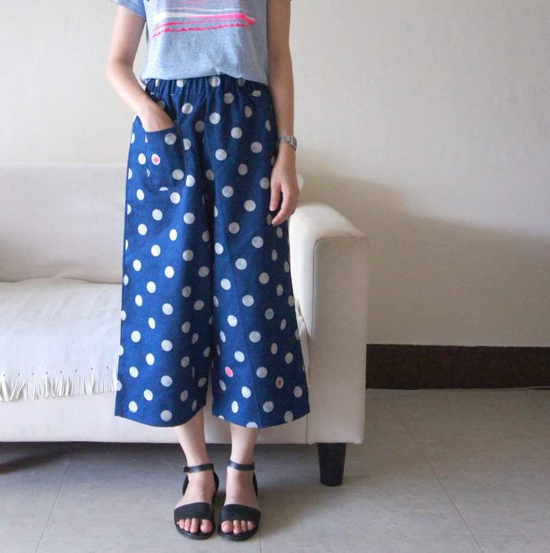 圆点泡泡舒服宽宽裤（深蓝） - 女装长裤 - 棉．麻 蓝色