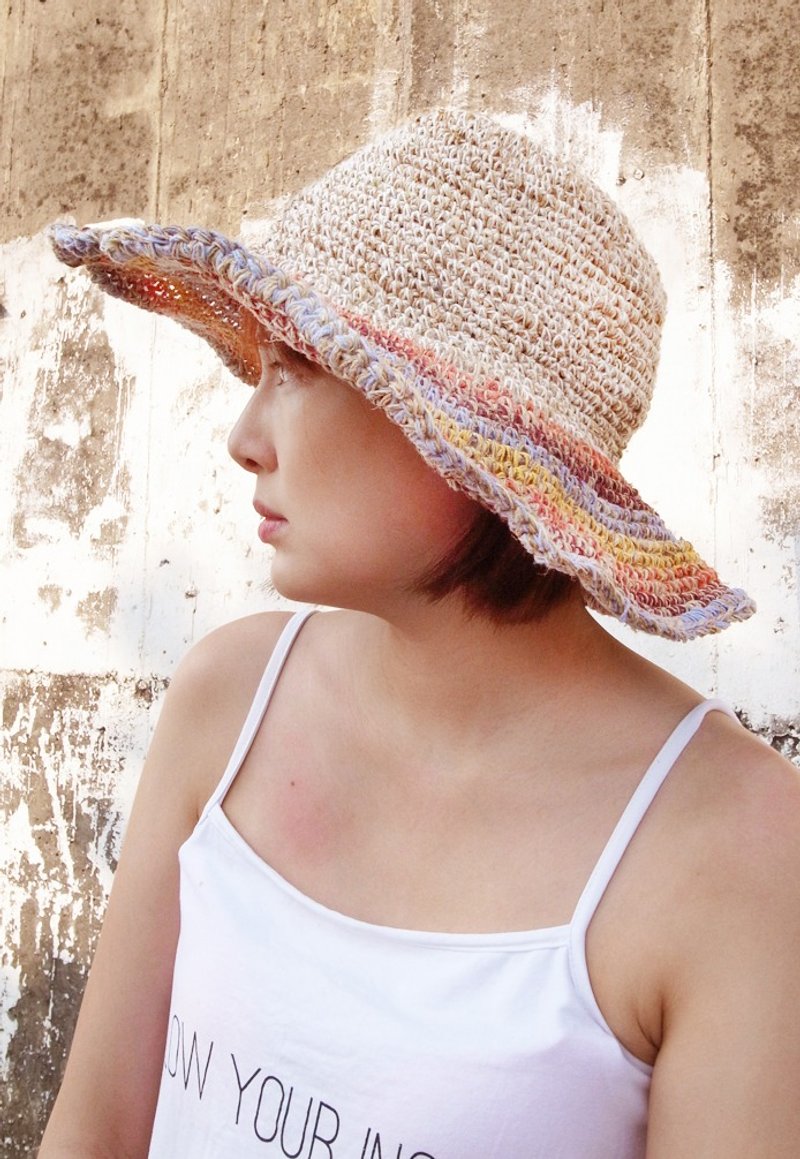 棉麻编织帽 手工编织 草帽 大帽檐 遮阳帽 彩色 - 帽子 - 棉．麻 卡其色