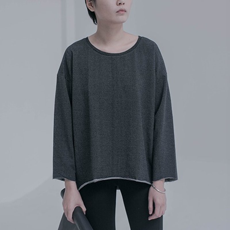 【黑灰色】像少年啦飞驰 随意圆领落肩撕边长袖卫衣 全棉制 春秋季 极简宽松版型 蓝灰两色 | 番塔塔原创独立设计 - 女装上衣 - 棉．麻 灰色