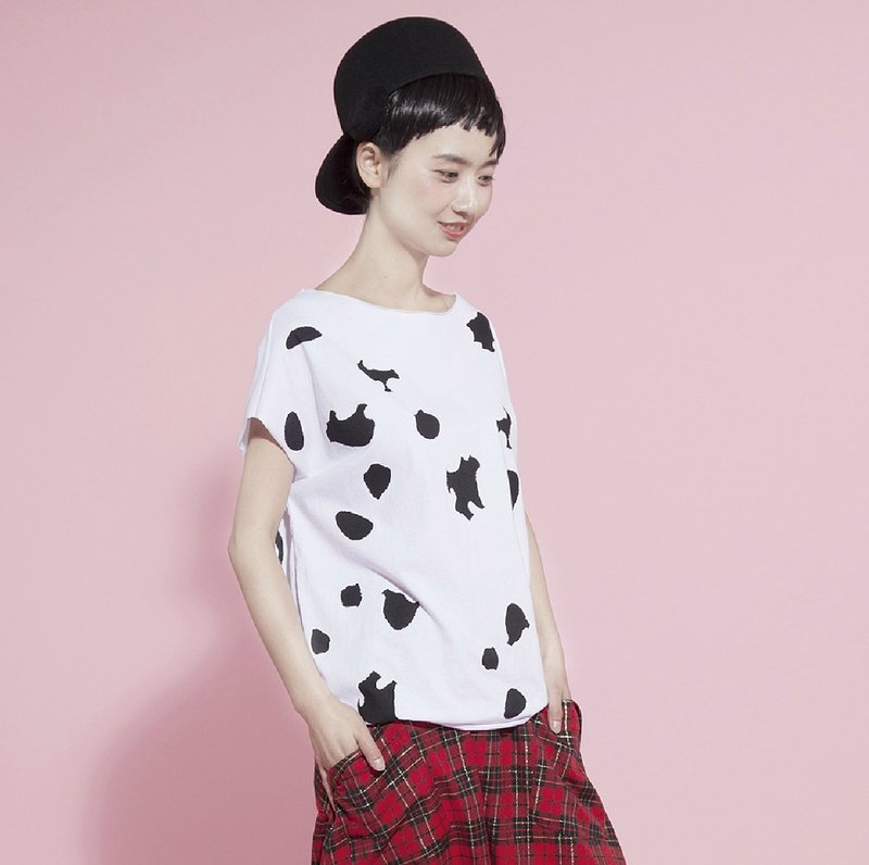 乳牛斑点纯棉短袖T恤 T-shirt - 女装上衣 - 棉．麻 白色