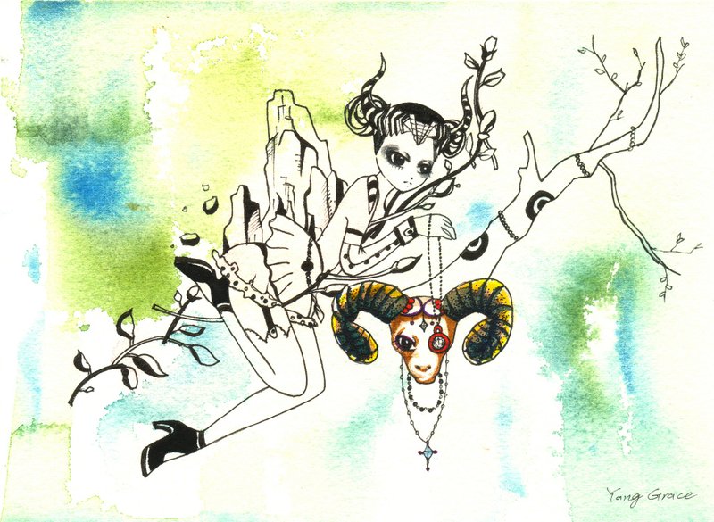 “黄道十二宫-牡羊座”纯手绘单张限量插画设计明信片 - 卡片/明信片 - 纸 绿色