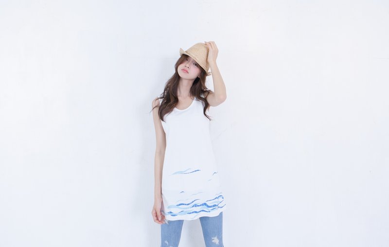 SUMI●前后水波花纹长版背心●4SF041_白 - 女装背心 - 棉．麻 白色