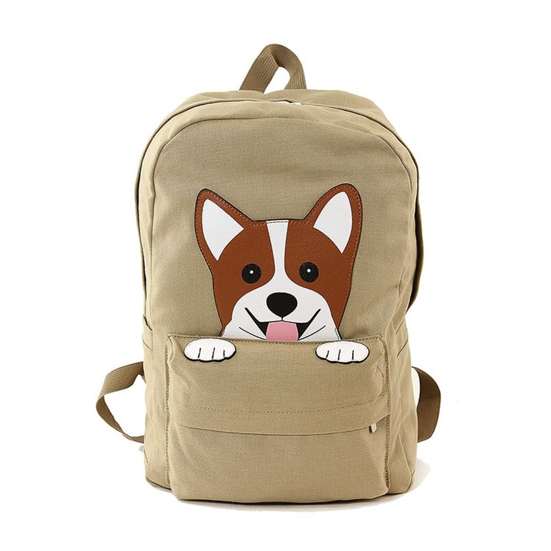 柯基犬童趣造型帆布后背包 动物包 卡其色 - 酷乐村 - 后背包/双肩包 - 棉 卡其色